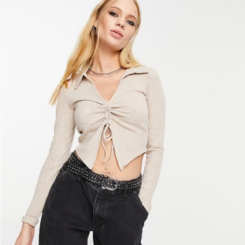 Bershka ruched front long-sleeved polo top in cream